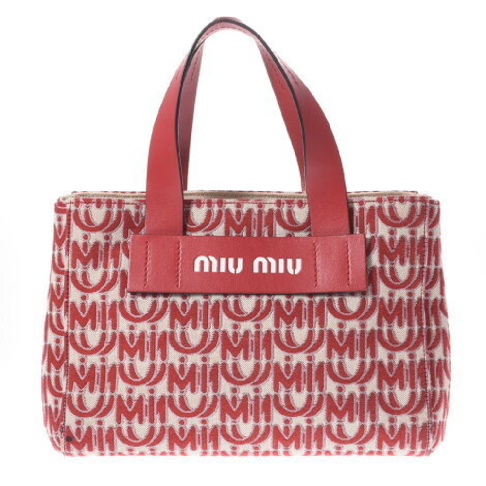 Miu Miu Logo Motif Red Beige Canvas Handbag